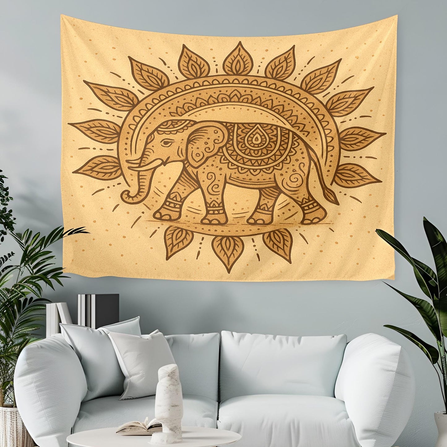 Boho Elephant Tapestry Wall Hanging โ Beige Mandala-Style Elephant Decor for Bedroom, Living Room, or Meditation Space