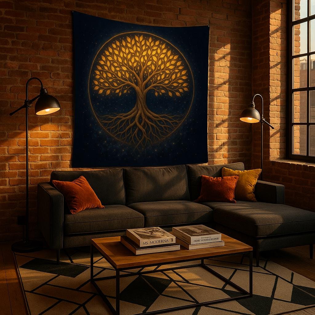 Golden Tree of Life Wall Tapestry, Mystical Night Forest Design, Boho Spiritual Wall Hanging for Bedroom, Living Room or Meditation Decor