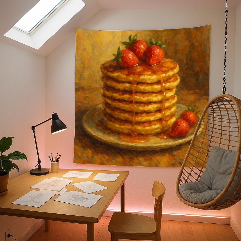 Pancake Stack Wall Tapestry with Strawberries and Syrup, Cozy Breakfast Food Art Print for Kitchen, Dining Room or Café Style Wall Decor