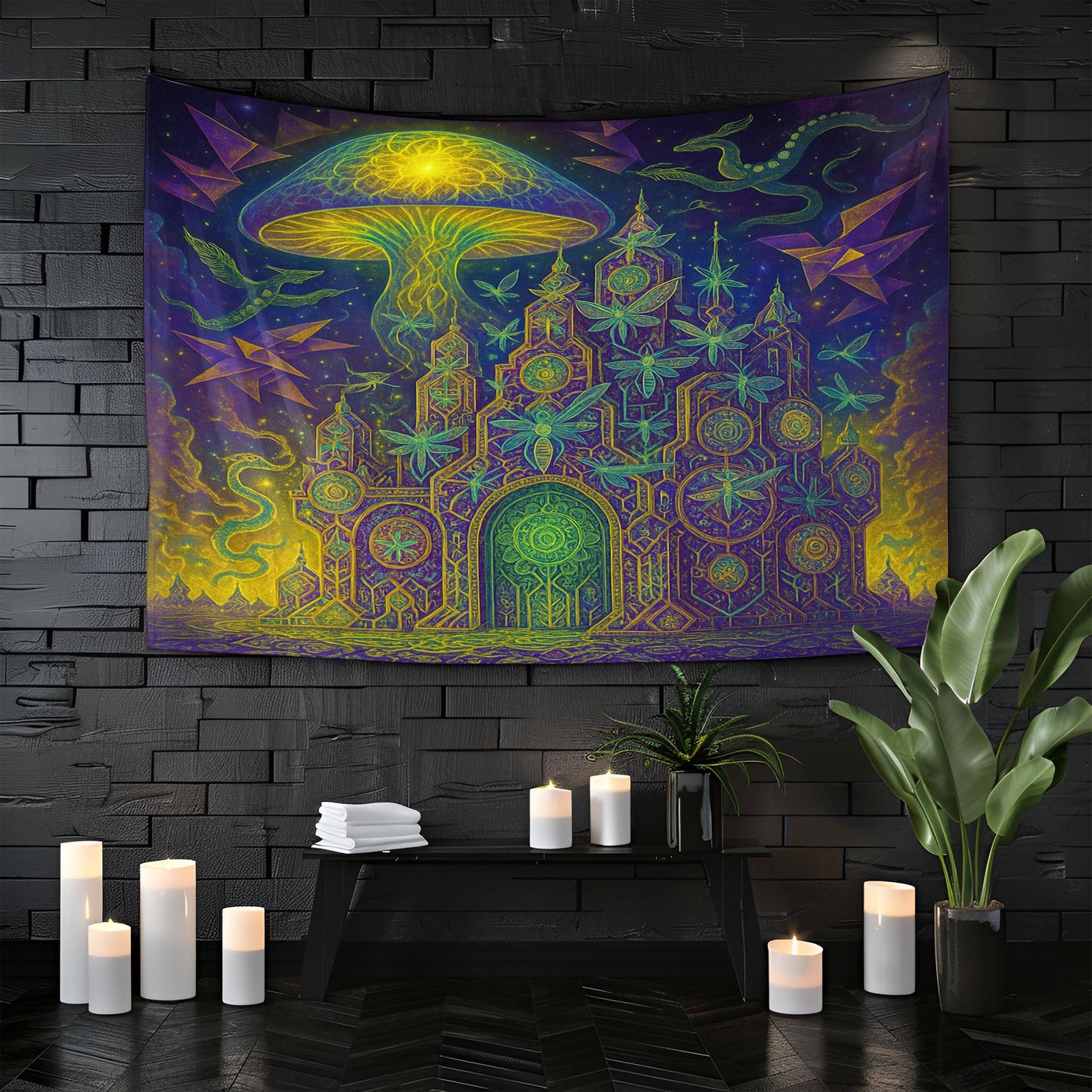 Psychedelic Tapestry – Trippy Alien Temple Wall Art, Geometric Space Decor, Vibrant Mushroom UFO Scene, Spiritual Boho Wall Hanging