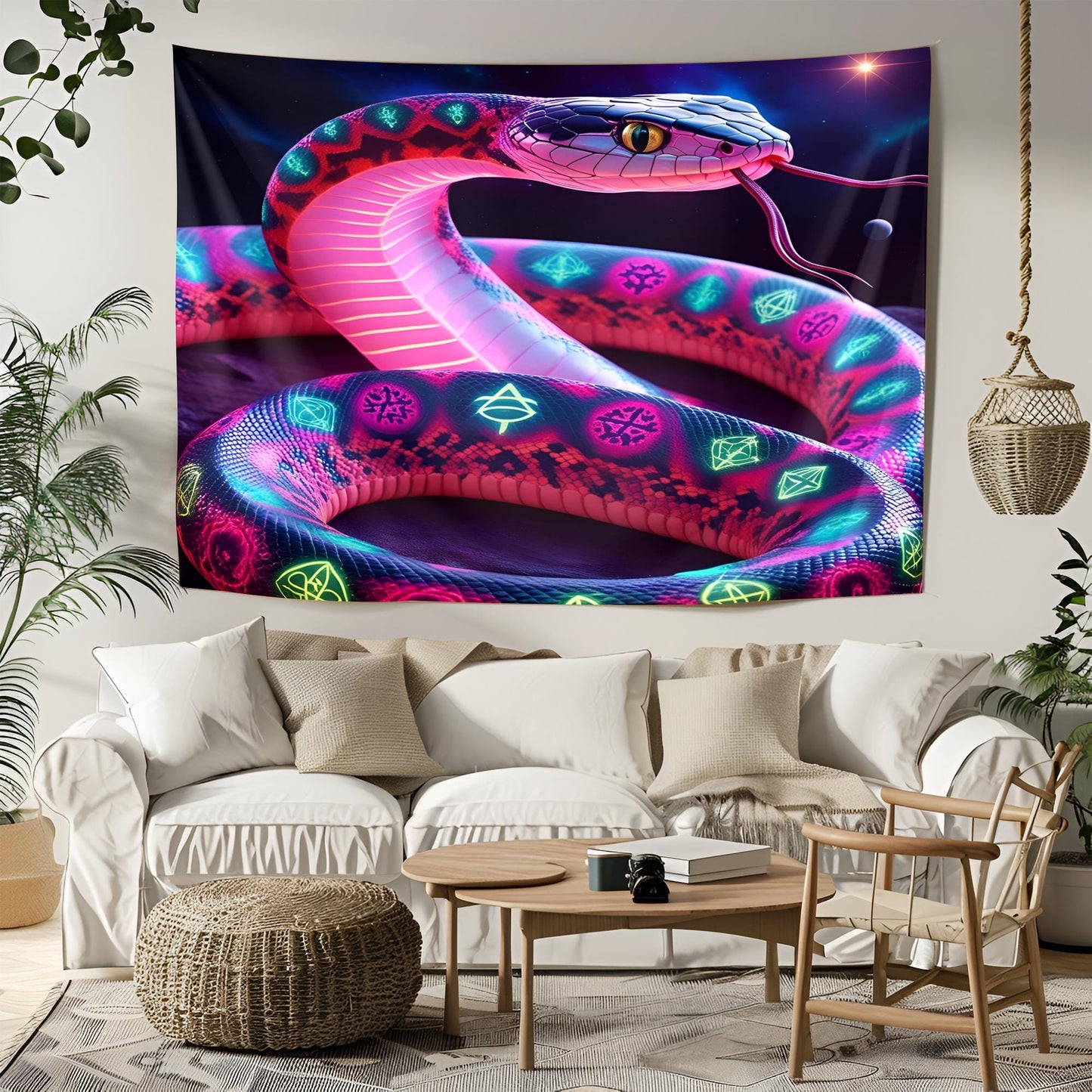 Psychedelic Neon Snake Tapestry, Shifting Fractal Patterns & Sacred Symbols, Cosmic Serpent Wall Art, Glowing Trippy Decor, Tapestry Trippy