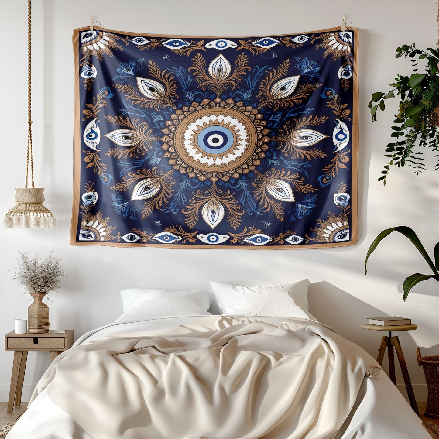 Mystic Turkish Evil Eye Tapestry, Anatolian Folk Art Wall Hanging, Turkish Wallhang, Deep Blue Gold White Decor, Symmetrical Pattern Design