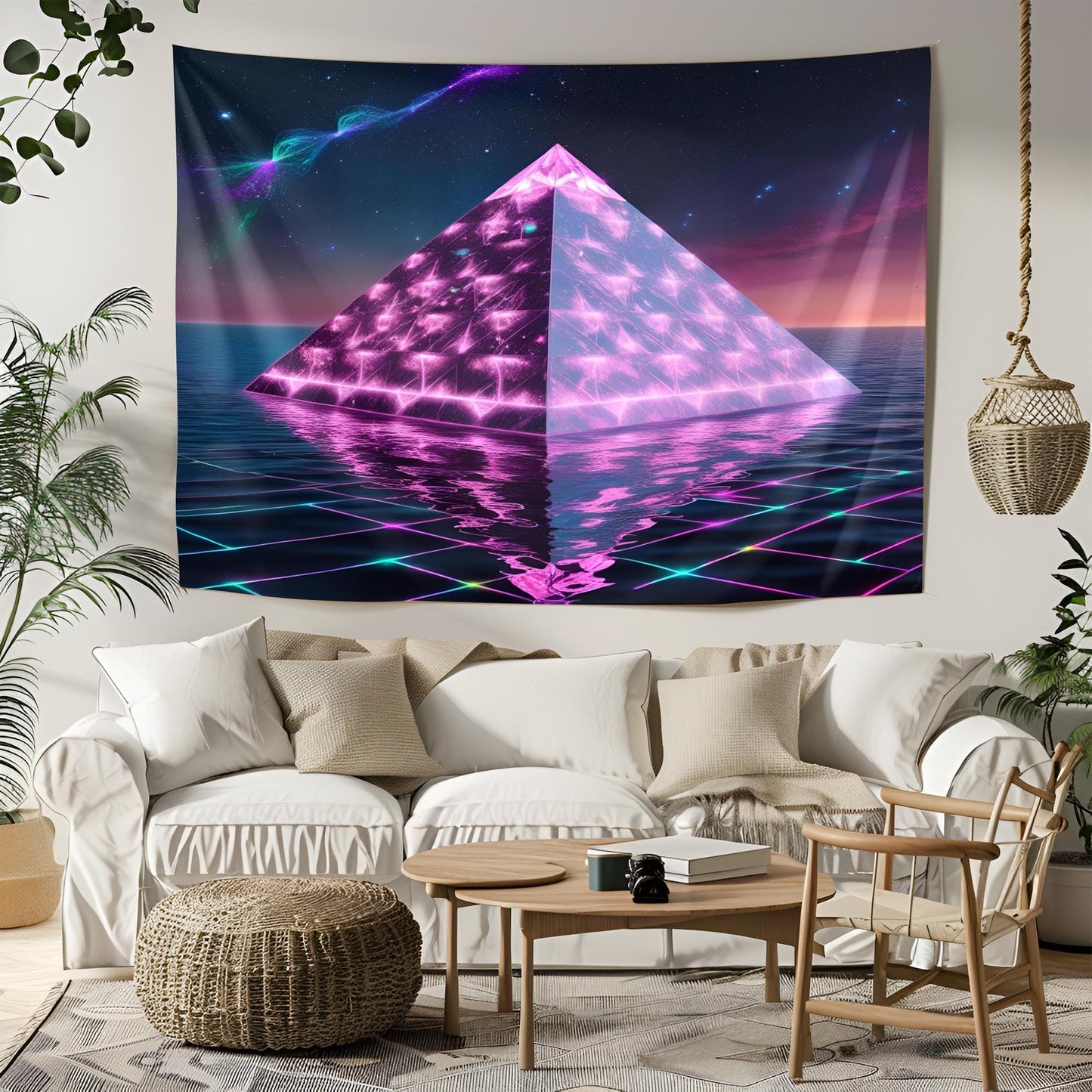 Neon Crystal Pyramid Tapestry, Floating Cosmic Light Prism, Glowing Rainbow Reflections, Geometric Energy Patterns Art, Trippy Tapestry