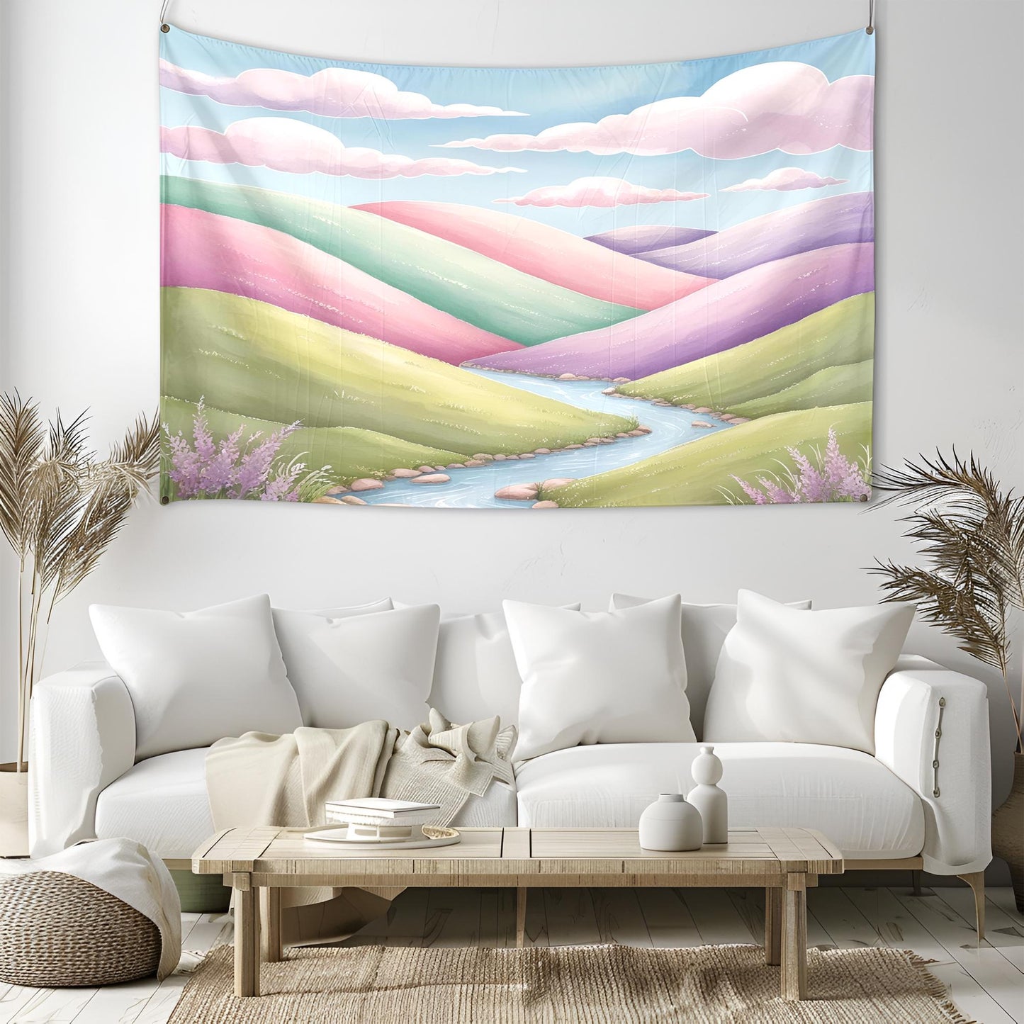 Pastel Rolling Hills Tapestry, Soft Pink Mint Green Lavender Landscape, Gentle Watercolor Clouds & Winding Rivers, Dream Nature Art Tapestry