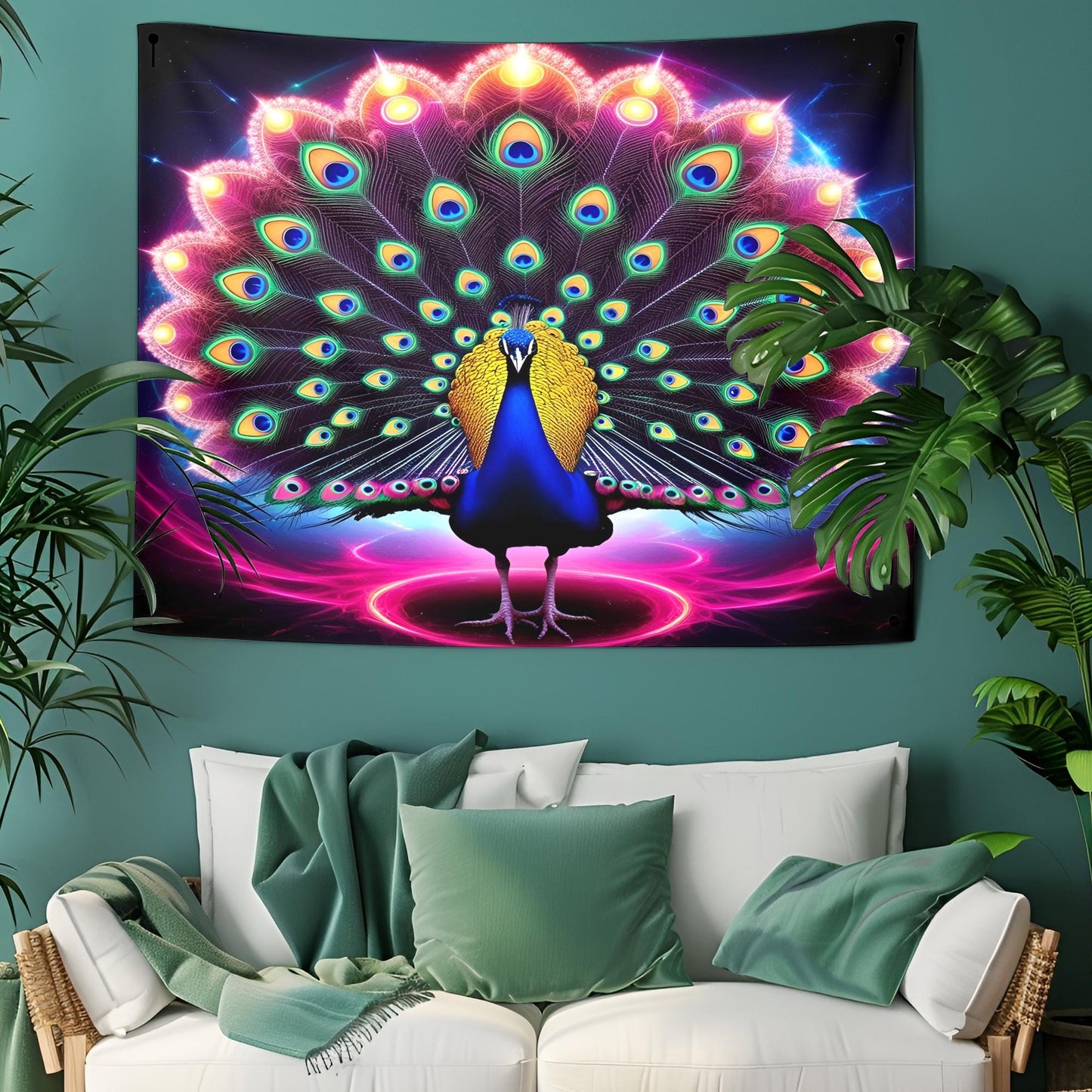 Majestic Neon Peacock Tapestry, Swirling Fractal Tail,Glowing Rainbow Eyes, Cosmic Aura & Psychedelic Color Explosion, Ultra-Detailed Art