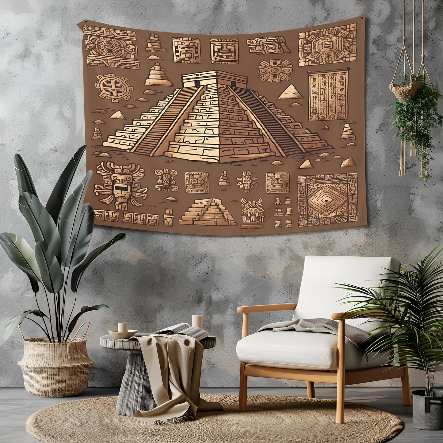 Seamless Mayan Tapestry with Pyramids, Calendar Symbols & Intricate Stone Carvings, Earthy Tones Ancient Mesoamerican Wall Art