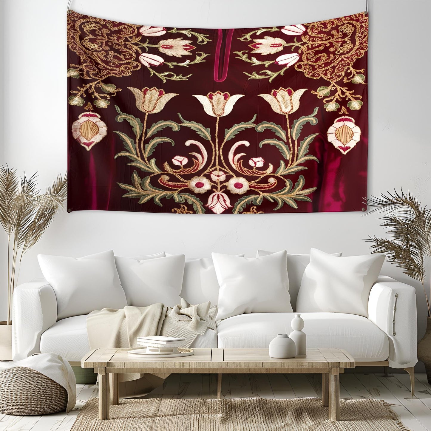Ottoman Kaftan Embroidery Tapestry, Intricate Tulip Motifs & Golden Arabesques on Rich Velvet Textures, Luxurious Traditional Wall Art