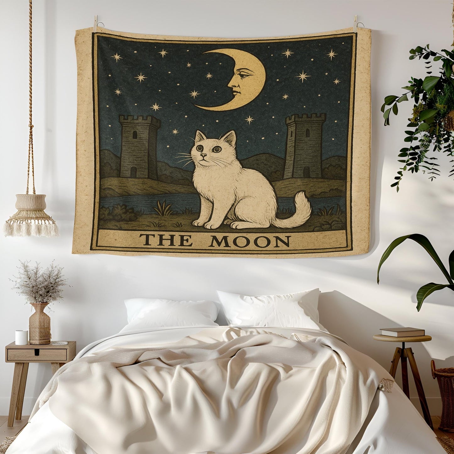 The Moon Cat Tapestry – Tarot Style Wall Art, Mystical Cat Wall Hanging, Celestial Gothic Decor for Bedroom or Meditation Space
