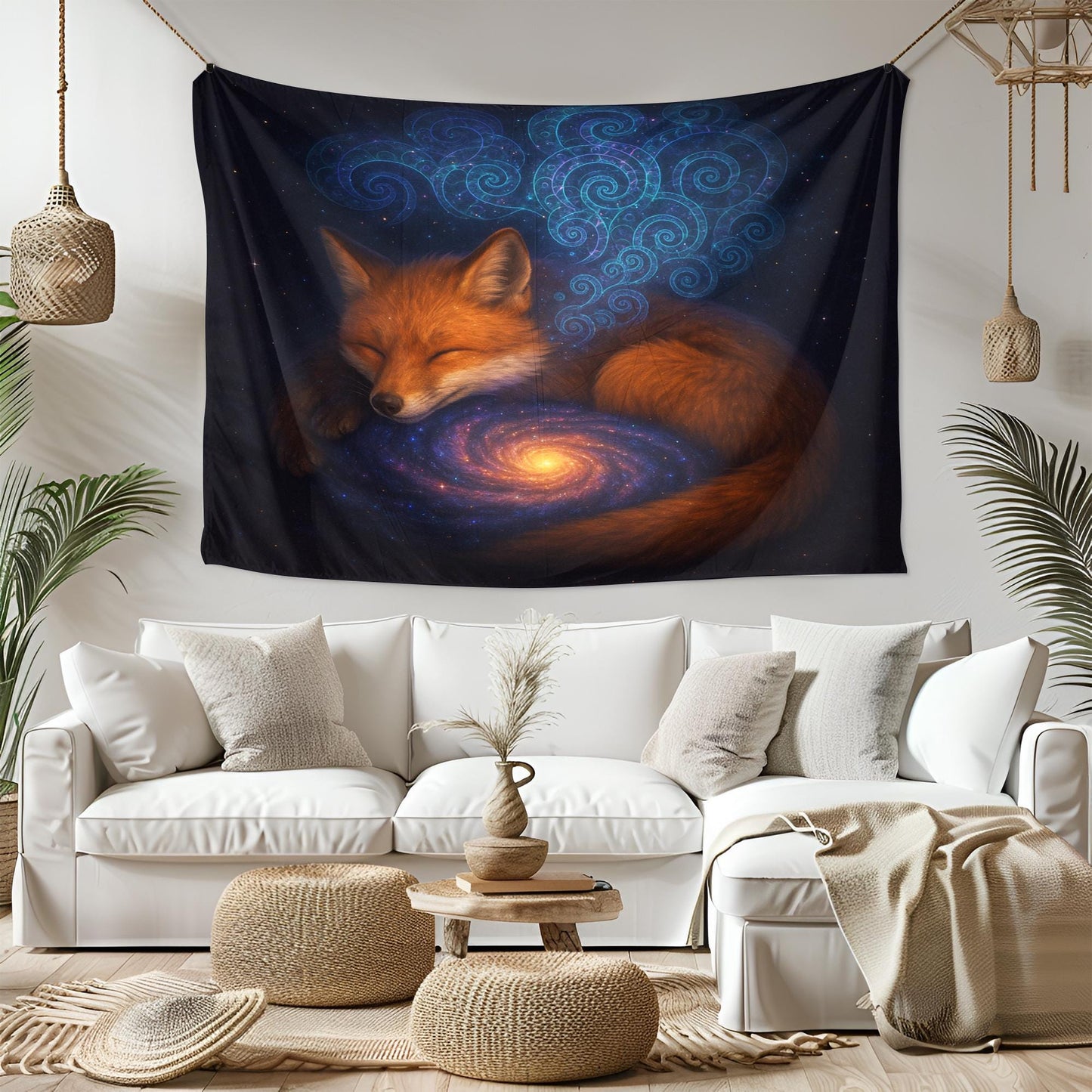 Sleeping Fox Galaxy Wall Tapestry, Mystical Animal and Universe Art Print, Dreamy Celestial Decor for Boho Bedroom or Meditation Space