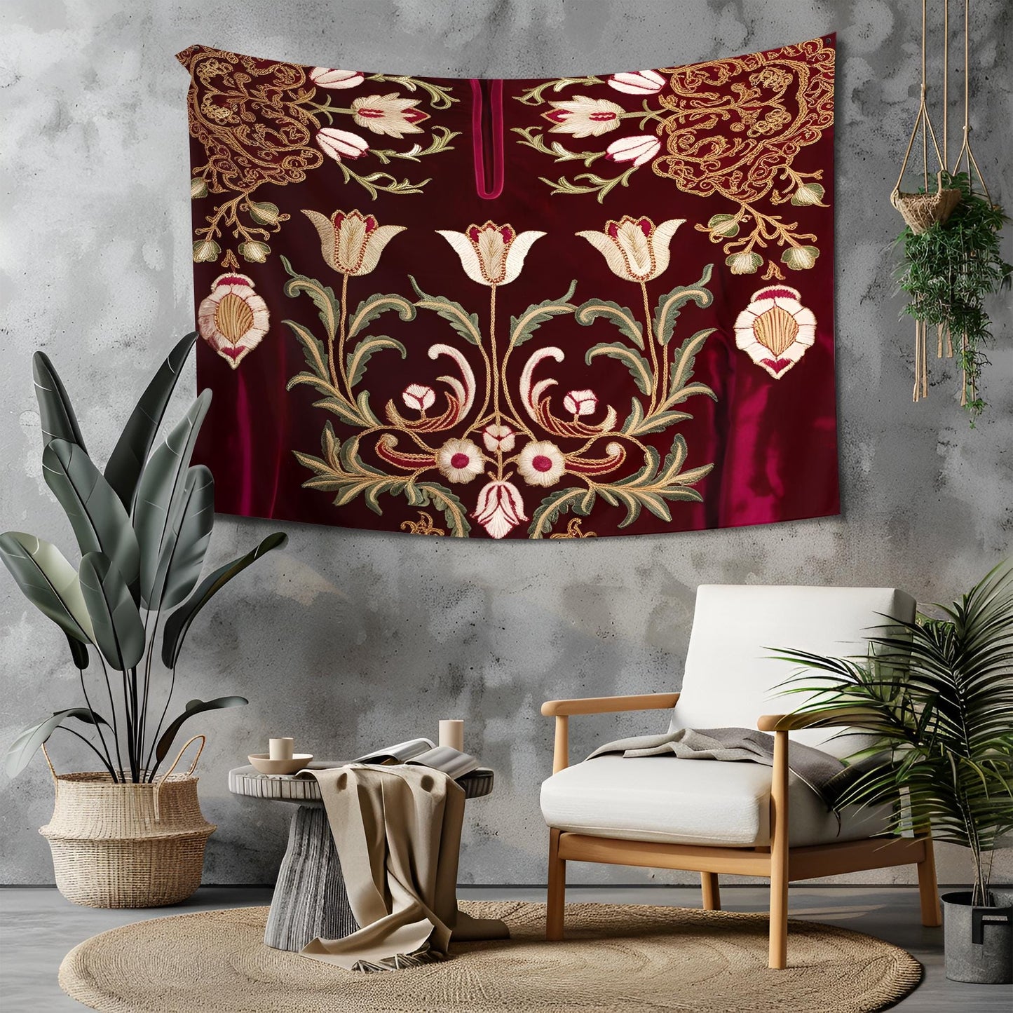 Ottoman Kaftan Embroidery Tapestry, Intricate Tulip Motifs & Golden Arabesques on Rich Velvet Textures, Luxurious Traditional Wall Art