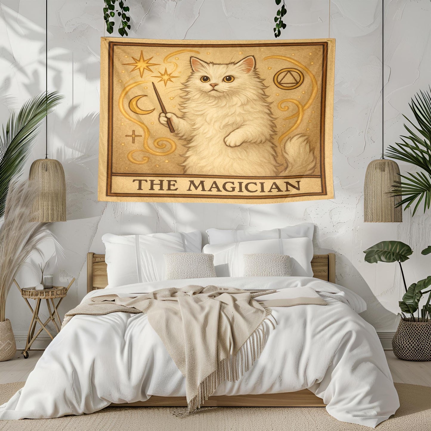 The Magician Cat Tapestry – Tarot Wall Hanging, White Cat Witchy Decor, Mystical Boho Tapestry for Spiritual or Bedroom Spaces