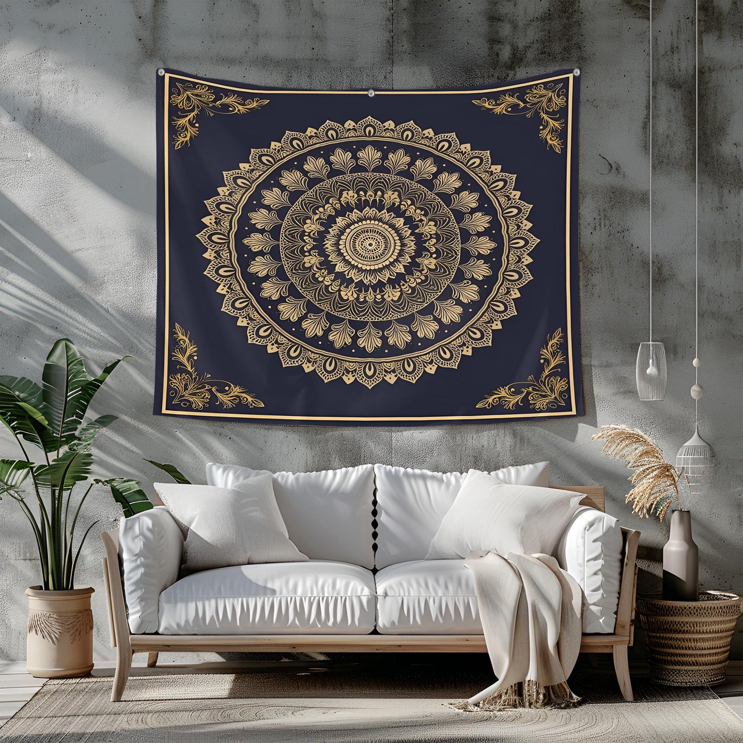 Centered Golden Mandala Tapestry, Intricate Floral & Geometric Details, Dark Navy Framed Symmetrical Design, Elegant Boho Wall Art