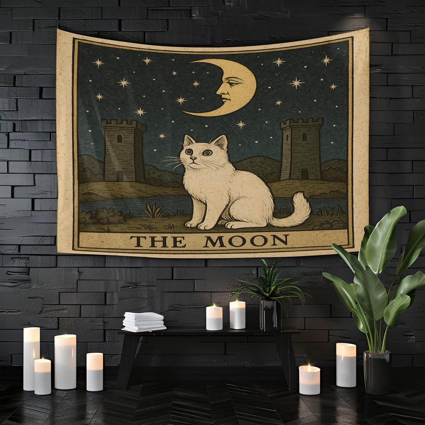 The Moon Cat Tapestry – Tarot Style Wall Art, Mystical Cat Wall Hanging, Celestial Gothic Decor for Bedroom or Meditation Space