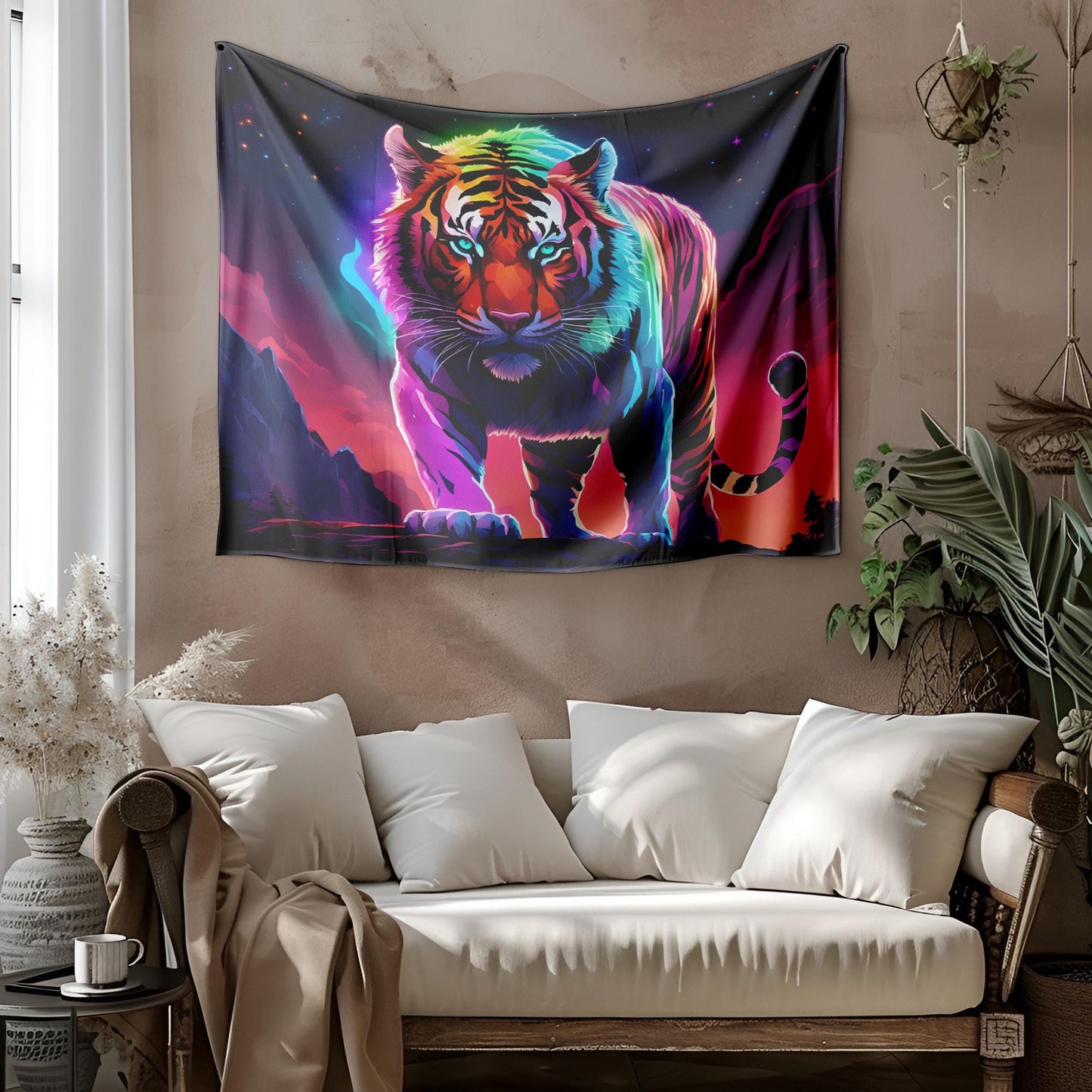 Vibrant Rainbow Tiger Tapestry - LGBT Pride Wall Hanging - Neon Cyberpunk Jungle Decor - Fierce & Colorful Animal Art