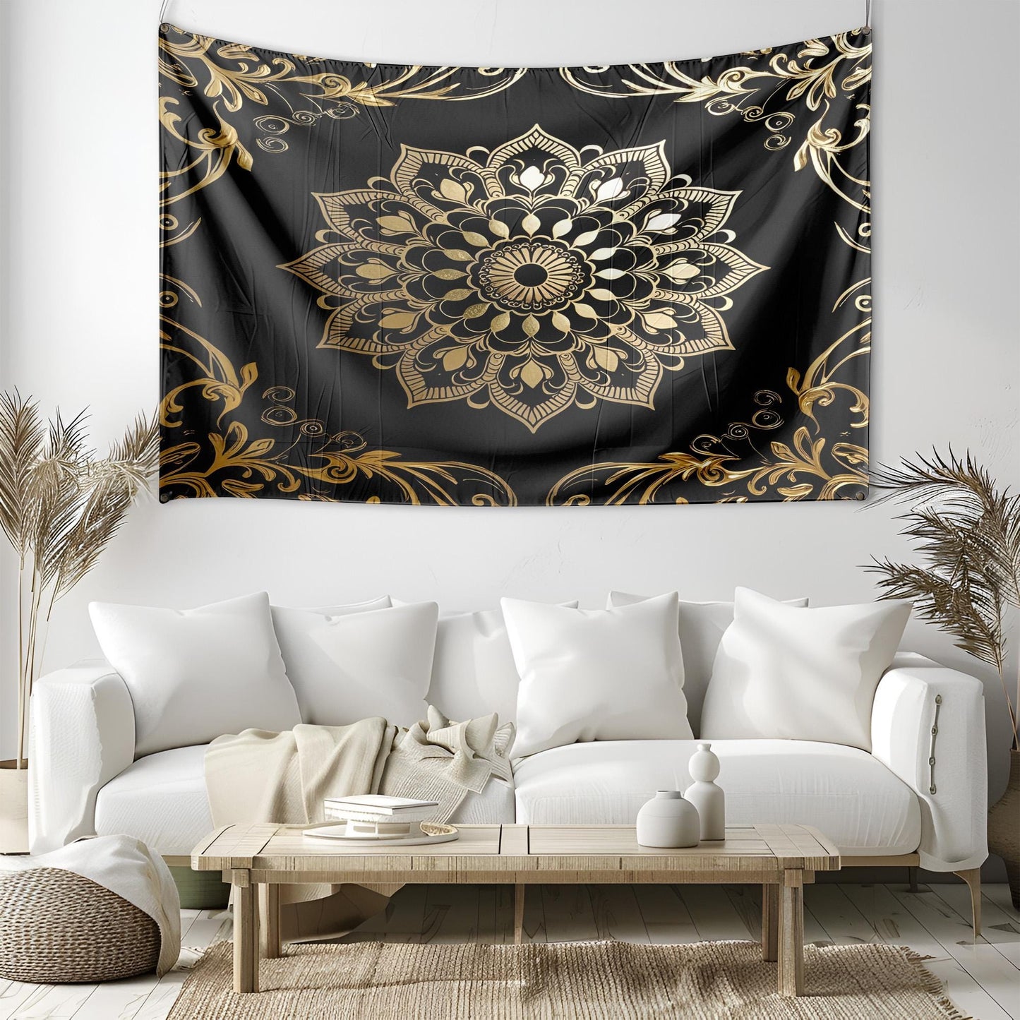 Black Gold Mandala Tapestry, Luxurious Metallic Wall Hanging, Elegant Boho Decor, Intricate Swirling Design Art, Luxurious Mandala