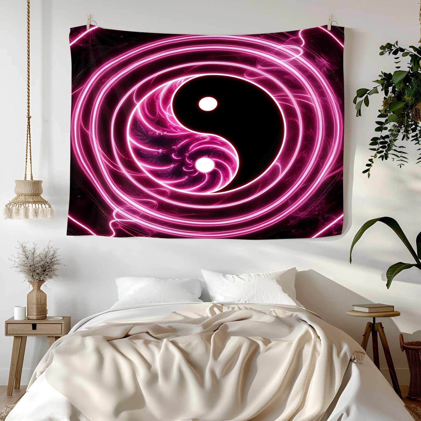 Massive Glowing Yin Yang Tapestry, Neon Swirling Light Trails, Infinite Fractal Reflections, Ultra HD Psychedelic Balance Symbol Wall Art