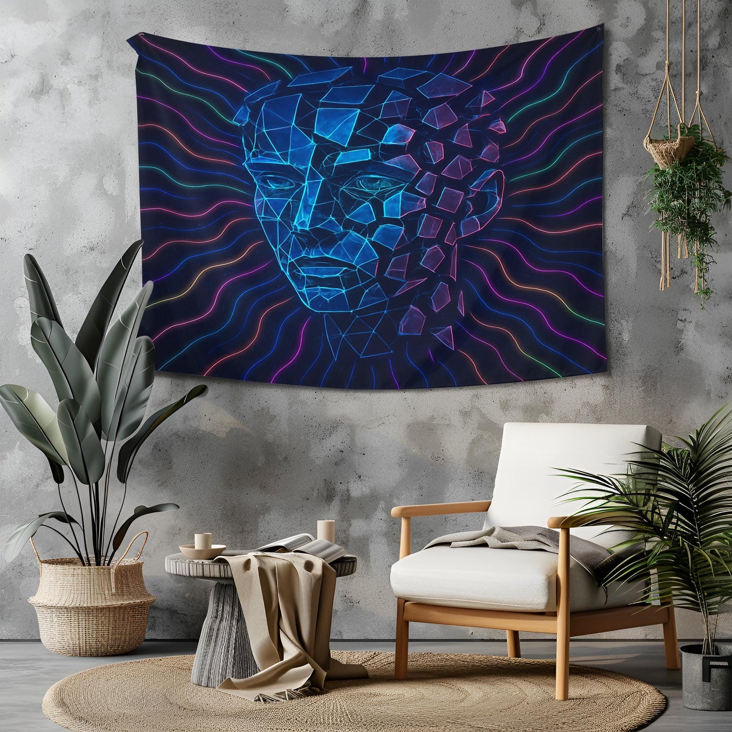 Fractured Face Psychedelic Tapestry Wall Art, Trippy Neon Head Wall Hanging, Futuristic Room Decor Gift For Him Or Her, Dorm Aesthetic