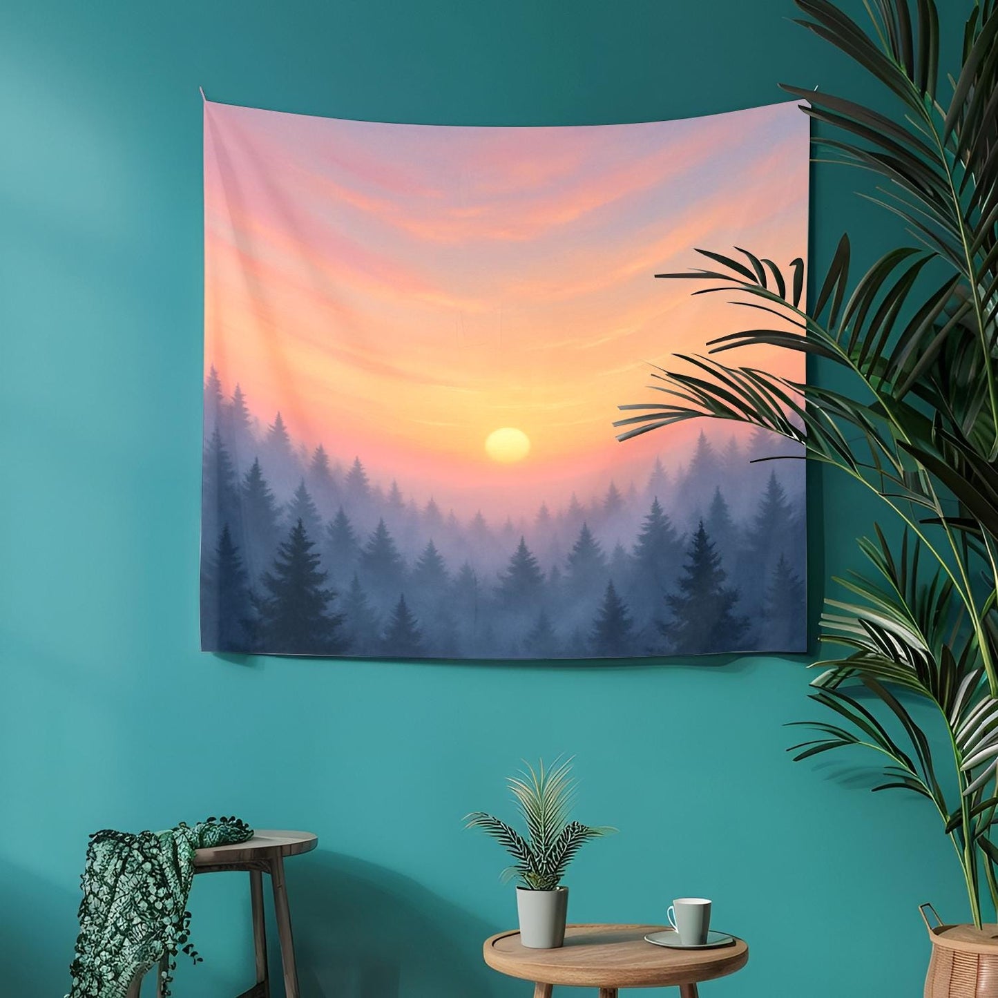 Sunrise Forest Landscape Tapestry with Misty Pine Trees and Pastel Sky β Tranquil Nature Wall Art for Boho Home and Bedroom Decor