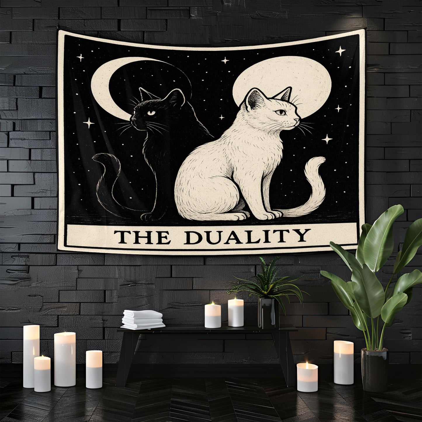 The Duality Cat Tapestry – Yin Yang Cat Wall Art, Black and White Cat Decor, Mystical Gothic Tapestry for Boho, Altar, or Bedroom Walls