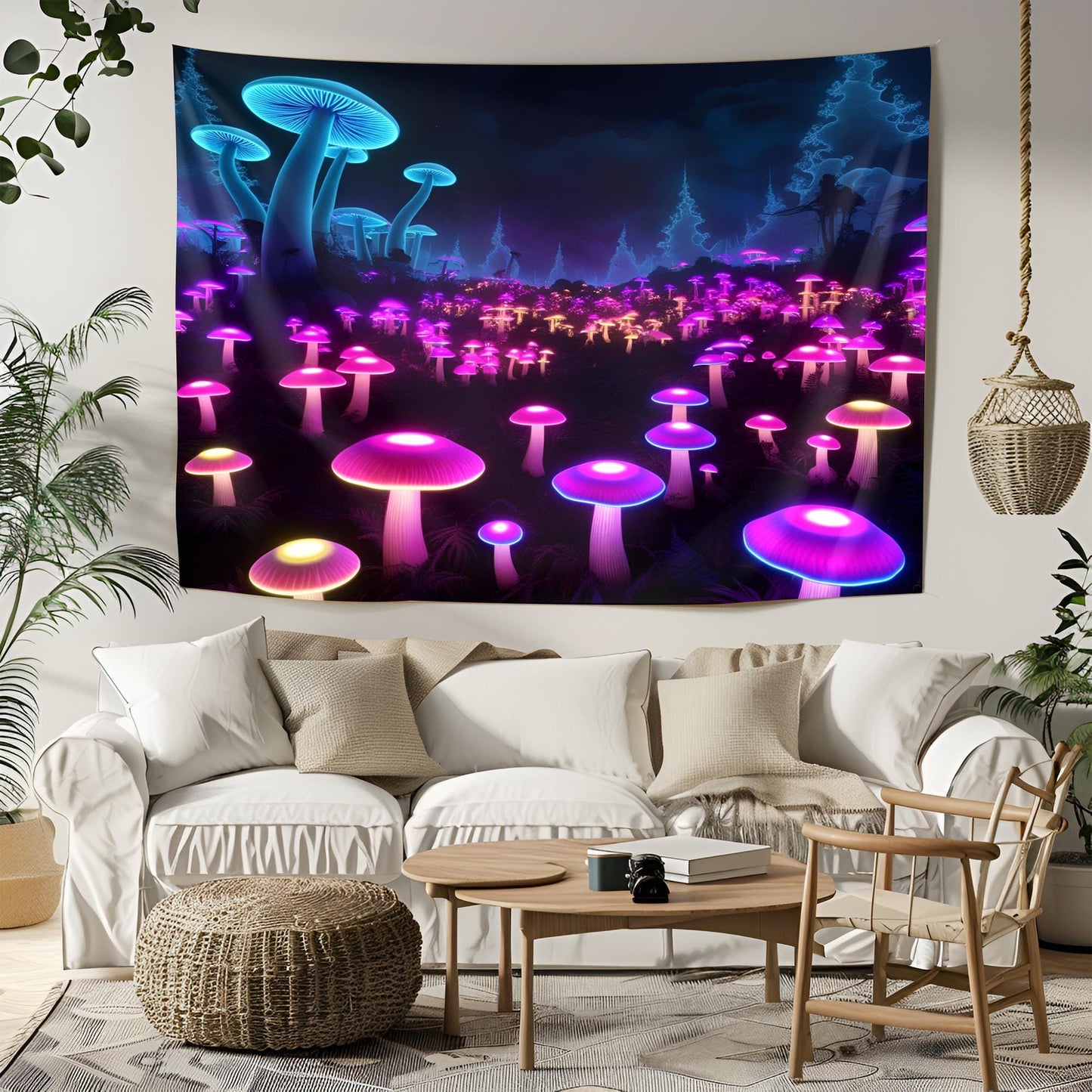 Glowing Bioluminescent Mushroom Forest Tapestry, Neon Fungi Dreamscape, Surreal Fractal Background, Dark Purple Blue Psychedelic Art