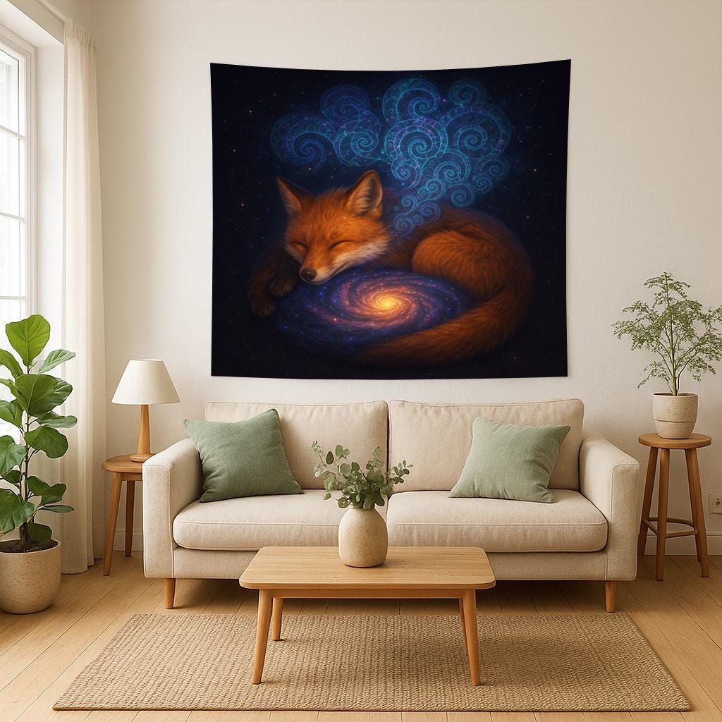 Sleeping Fox Galaxy Wall Tapestry, Mystical Animal and Universe Art Print, Dreamy Celestial Decor for Boho Bedroom or Meditation Space