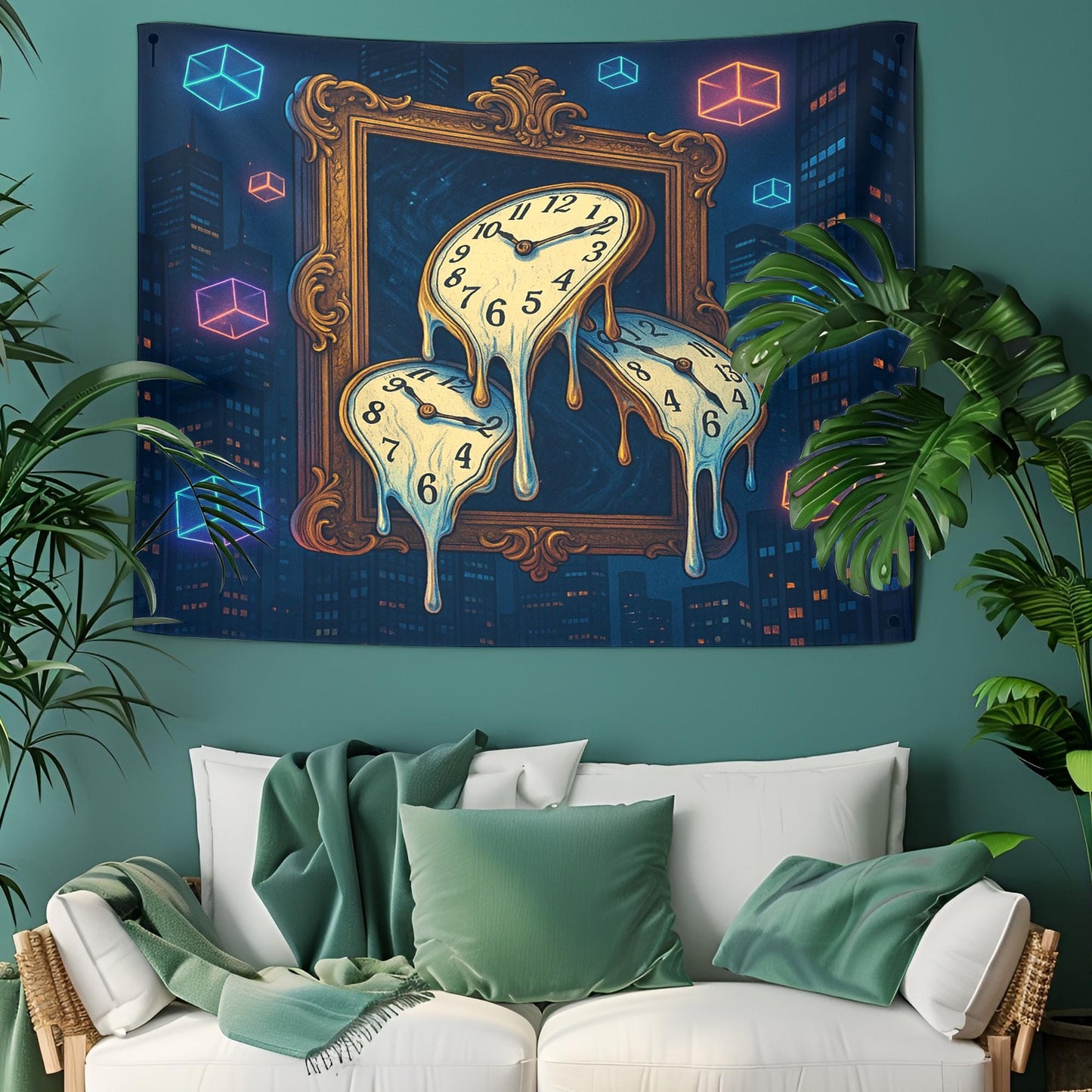 Melting Clocks Tapestry With Floating Neon Cubes, Surreal Cityscape Wall Art, Ornate Frame Time Warp Design, Trippy Gift For Him Or Her