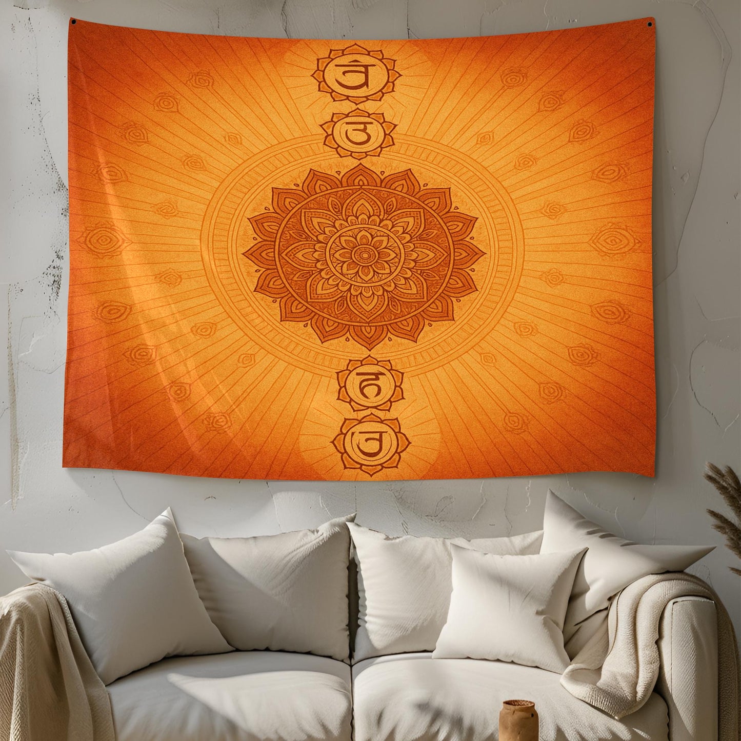 Chakra Wall Tapestry in Orange with Mandala and Symbol Design β Spiritual Boho Decor for Meditation, Yoga, Healing and Mindful Living