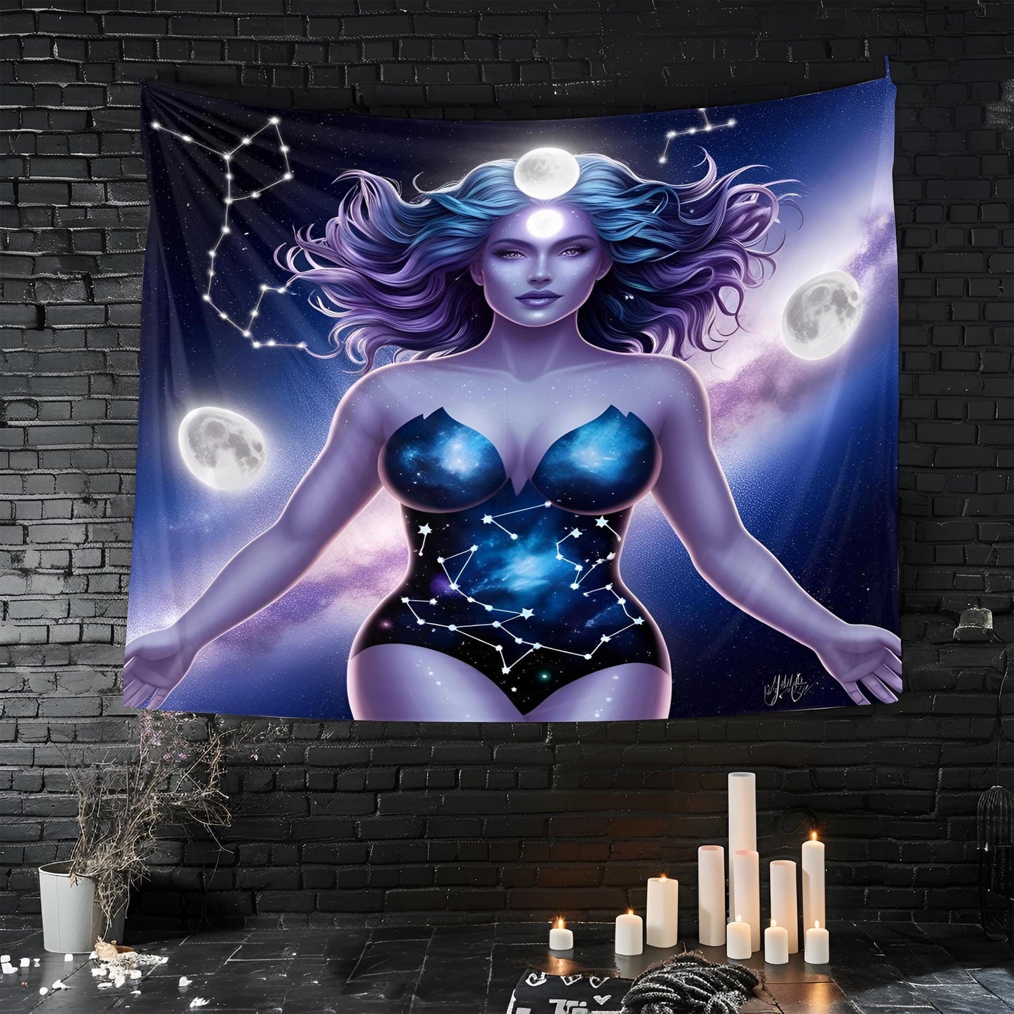 Cosmic Goddess Tapestry Full-Frame Design, Hair Blending into Galaxy, Constellations, Glowing Moons, Indigo Lavender Stardust Fantasy Art