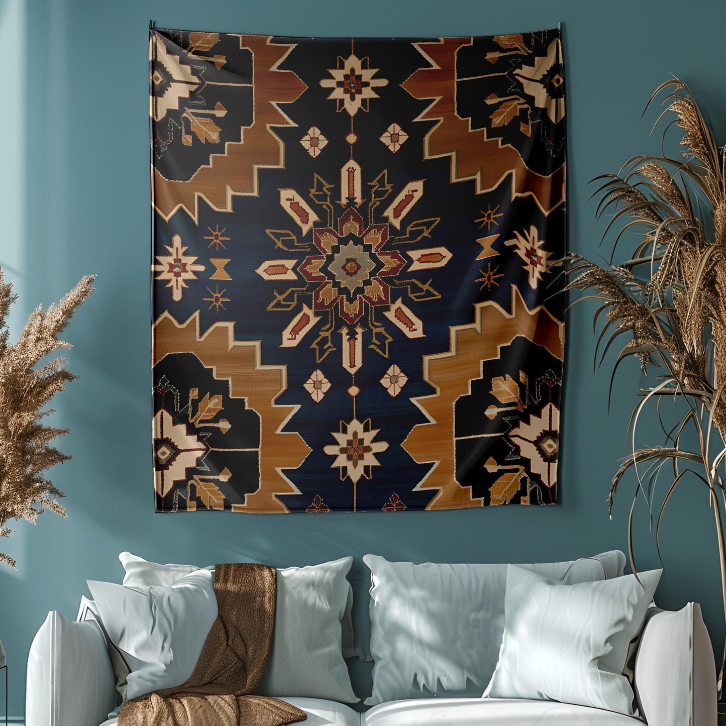 Turkish Seljuk Rug Tapestry, Symmetrical Geometric Wall Hanging, Eight-Pointed Star Design, Deep Turquoise Gold Decor,Turkish Rug Tapestry