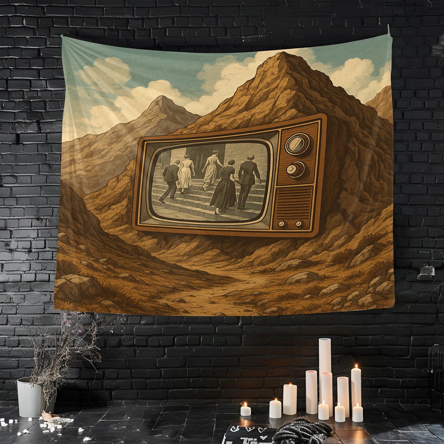 Vintage TV In Mountain Tapestry, Surreal Black And White Film Scene Playing Backwards In Time, Retro Dreamscape Wall Art, Gift For Him