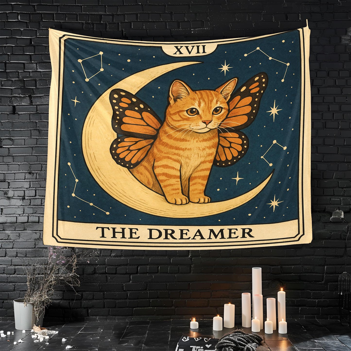 The Dreamer Cat Tapestry – Celestial Cat Wall Art, Butterfly Wing Cat Decor, Magical Tarot-Inspired Tapestry for Boho or Bedroom Walls