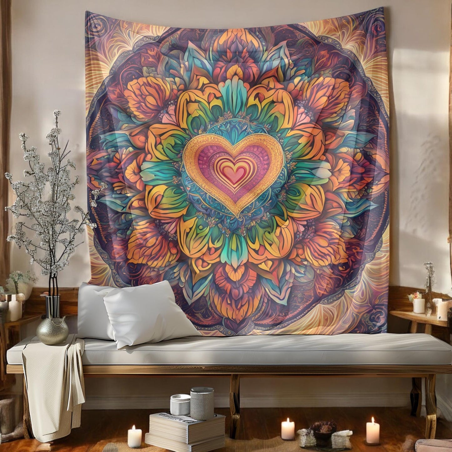 Rainbow Mandala Tapestry - LGBT Pride Boho Wall Hanging - Colorful Spiritual Room Decor - Vibrant Symmetrical Mandala with Heart Center