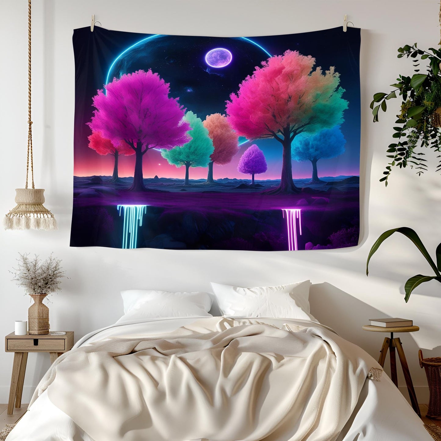 Surreal Nighttime Landscape Tapestry, Glowing Neon Rainbow Trees Floating in Cosmic Sky with Dripping Neon Light, Deep Dreamy Vibe