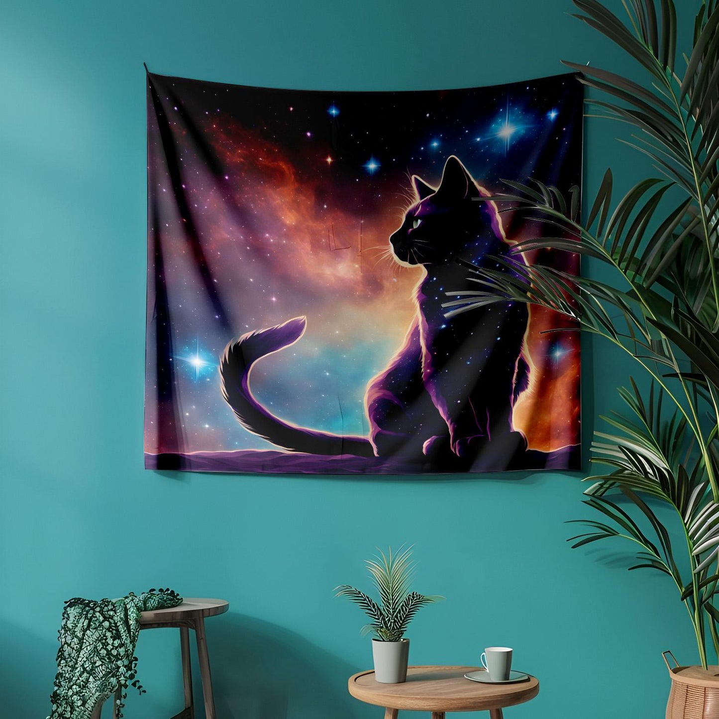 Galactic Cat Tapestry - Cosmic Nebula Kitty Wall Hanging - Mystical Celestial Decor - Space Themed Cat Art - Astrology Zodiac Wall Tapestry