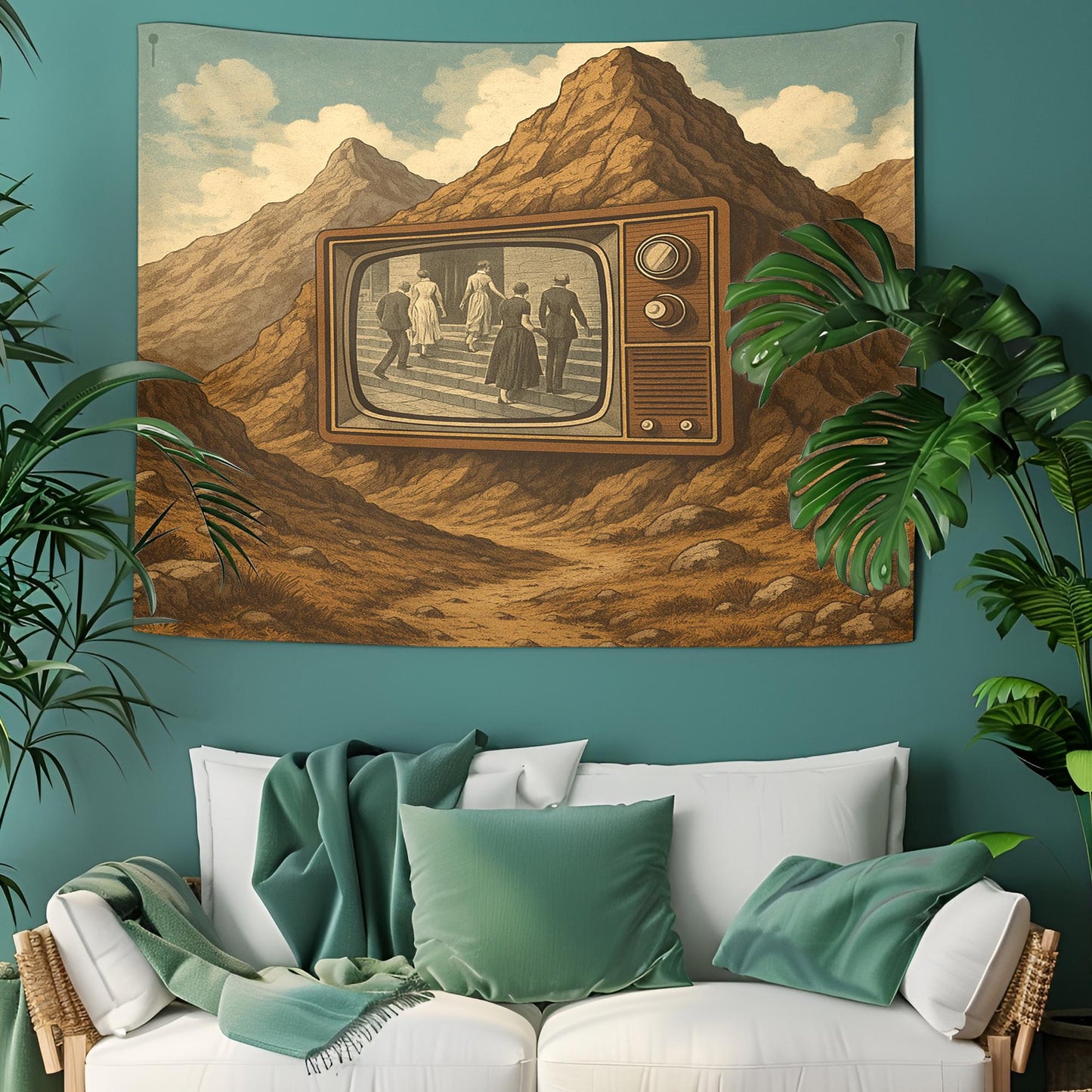 Vintage TV In Mountain Tapestry, Surreal Black And White Film Scene Playing Backwards In Time, Retro Dreamscape Wall Art, Gift For Him