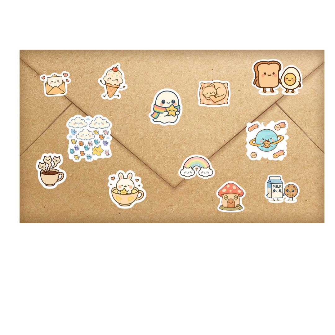 Kawaii Sticker Pack Bundle of 12 Cute Aesthetic Stickers for Journaling Scrapbooking Laptops Water Bottles and Gift Ideas