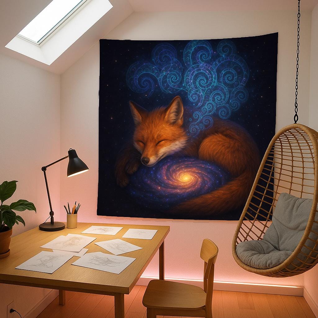 Sleeping Fox Galaxy Wall Tapestry, Mystical Animal and Universe Art Print, Dreamy Celestial Decor for Boho Bedroom or Meditation Space
