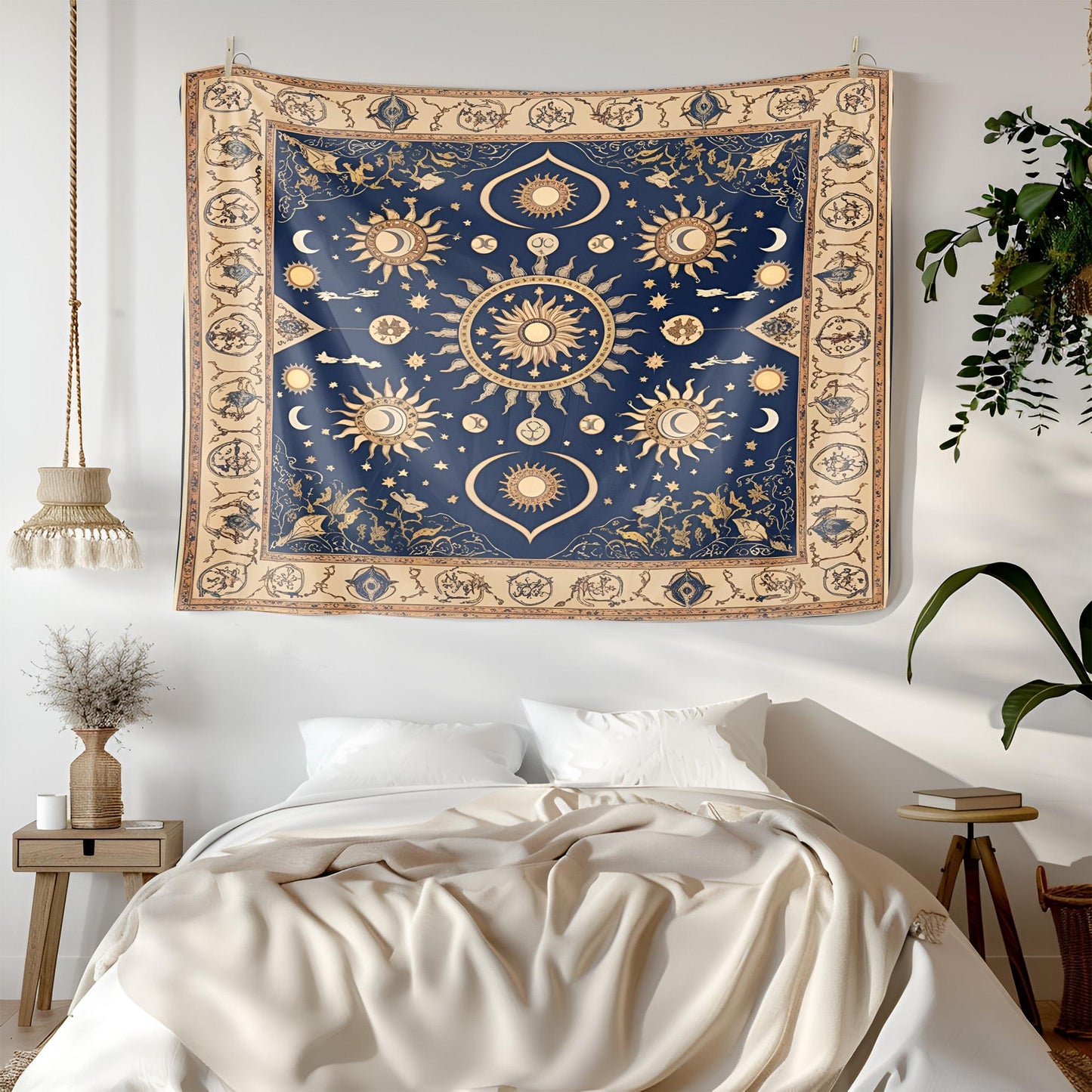 Celestial Sun & Moon Tapestry, Mystical Anatolian Wall Hanging, Deep Blue Beige Gold Decor, Ancient Sacred Patterns , Tapestry For Room