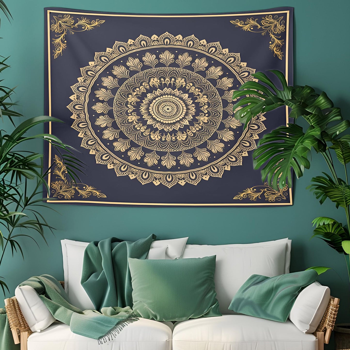 Centered Golden Mandala Tapestry, Intricate Floral & Geometric Details, Dark Navy Framed Symmetrical Design, Elegant Boho Wall Art