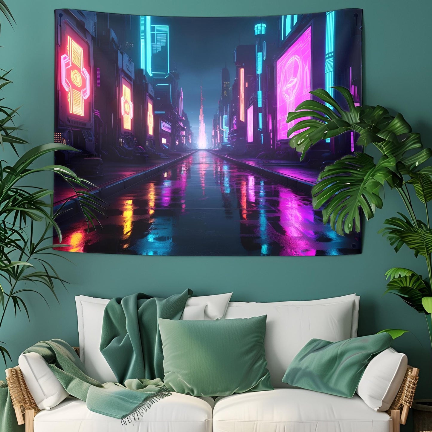 Futuristic Cyberpunk City Tapestry, Neon Holograms, Psychedelic Nightscape with Vibrant Reflections, Ultra-High Detail Art