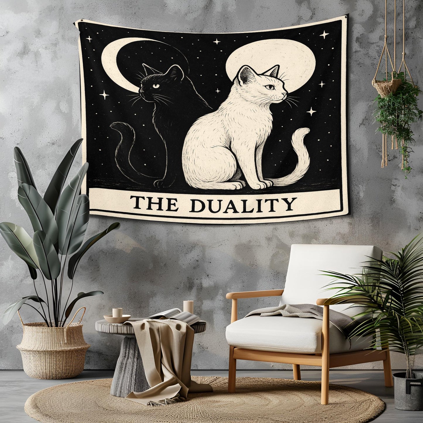 The Duality Cat Tapestry – Yin Yang Cat Wall Art, Black and White Cat Decor, Mystical Gothic Tapestry for Boho, Altar, or Bedroom Walls