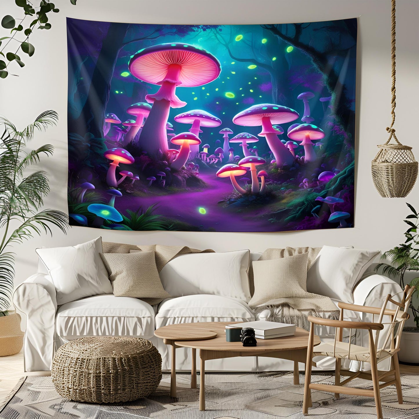 Bioluminescent Mushroom Forest Tapestry, Glowing Neon Spore Art, Fantasy Psychedelic Wall Hanging, Dreamy Purple Blue Green Decor,