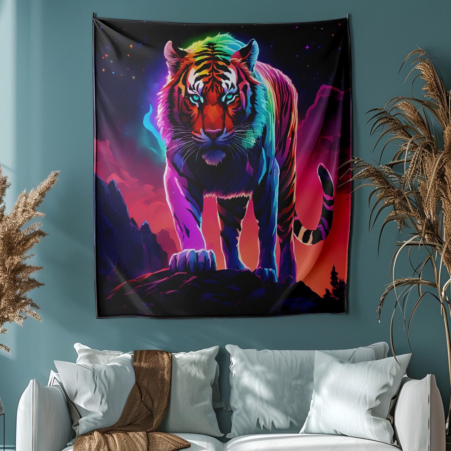 Vibrant Rainbow Tiger Tapestry - LGBT Pride Wall Hanging - Neon Cyberpunk Jungle Decor - Fierce & Colorful Animal Art