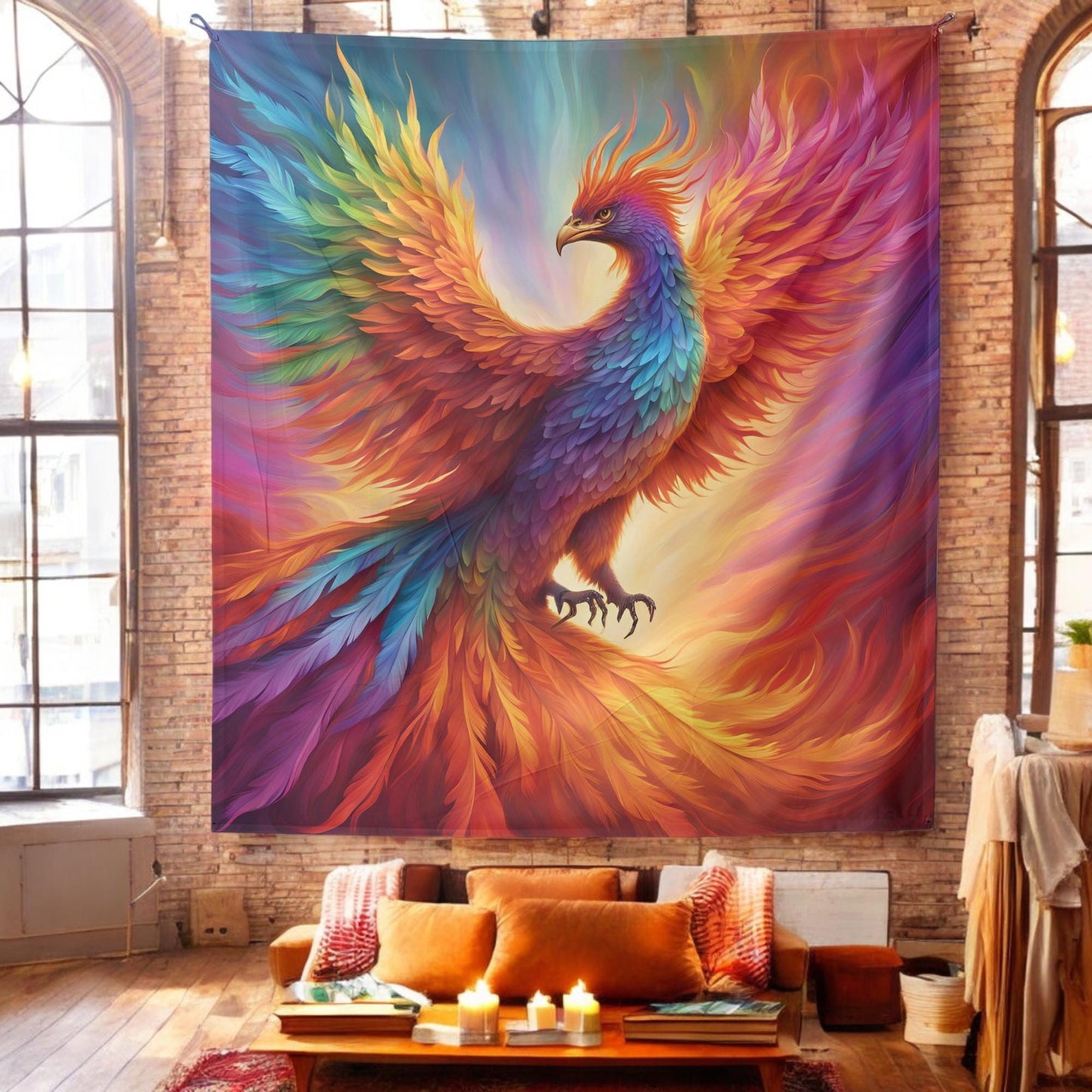 Rainbow Phoenix Tapestry - LGBT Pride Wall Hanging - Vibrant Fire Bird Artwork - Symbol of Strength, Rebirth & Transformation