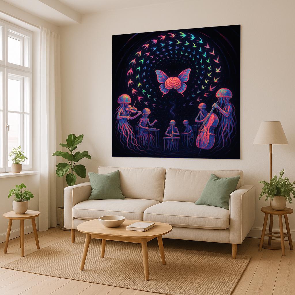 Psychedelic Music Tapestry – Jellyfish Orchestra Wall Art, Brain Butterfly Decor, Trippy Band Scene, Surreal Music Lover Gift