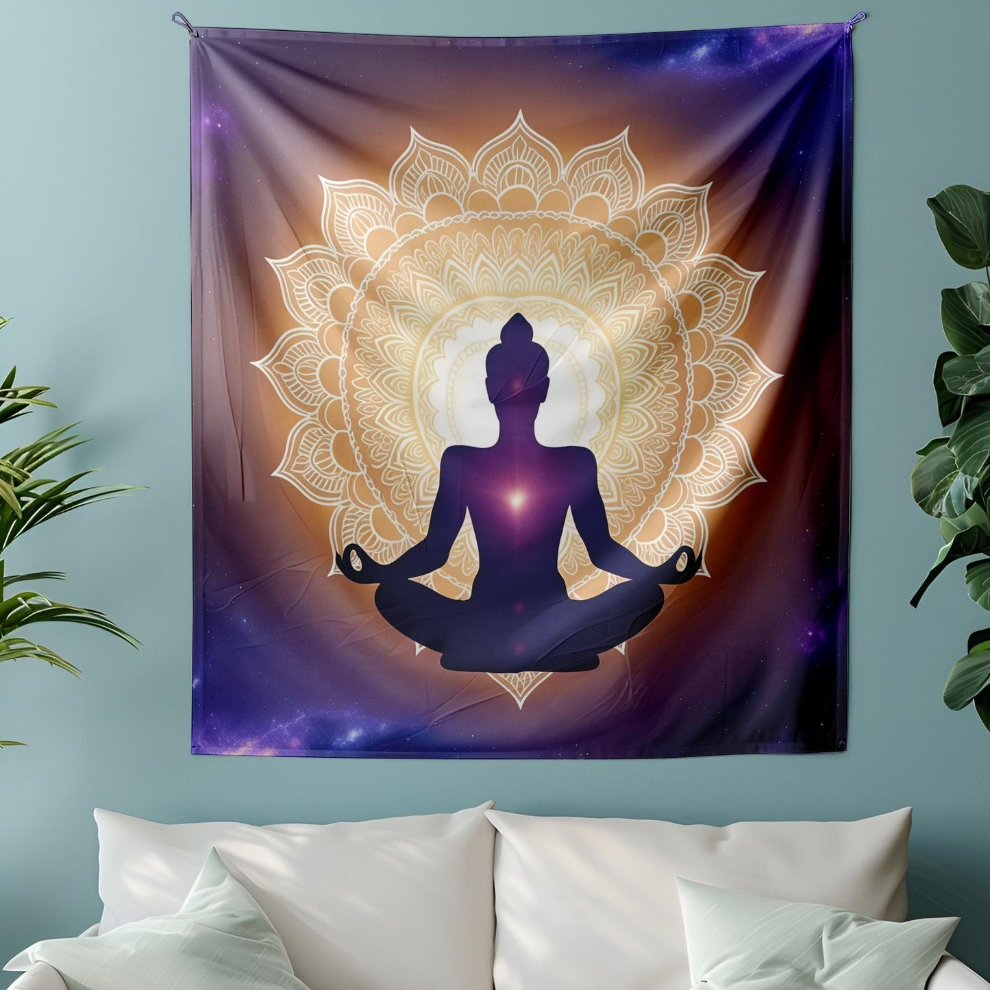 Meditating Silhouette Mandala Tapestry, Cosmic Gradient Wall Art, Indigo Violet Gold Decor, Spiritual Enlightenment Design