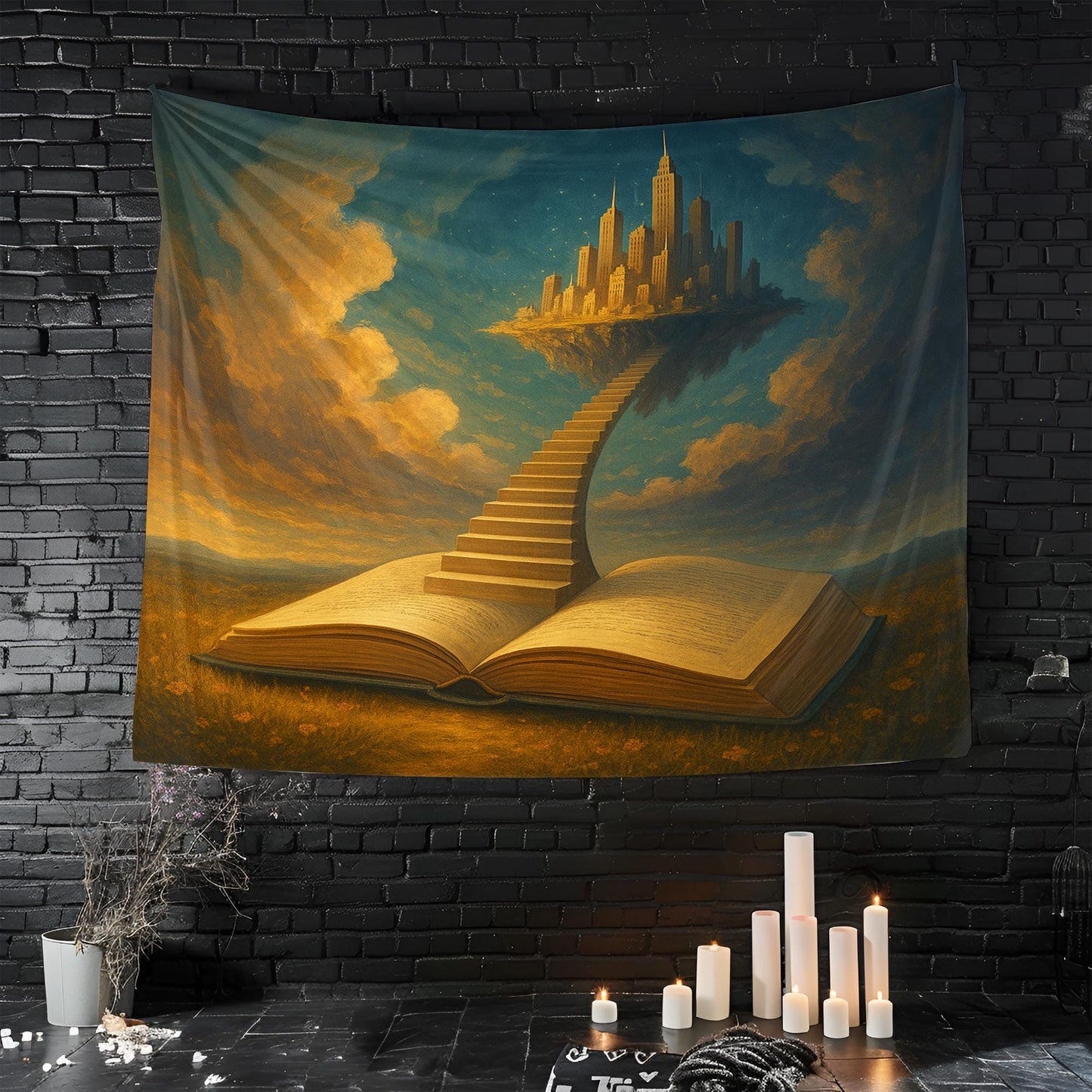 Open Book With Staircase To Floating City Tapestry, Surreal Dreamscape Field Scene, Literary Fantasy Wall Art, Gift For Readers