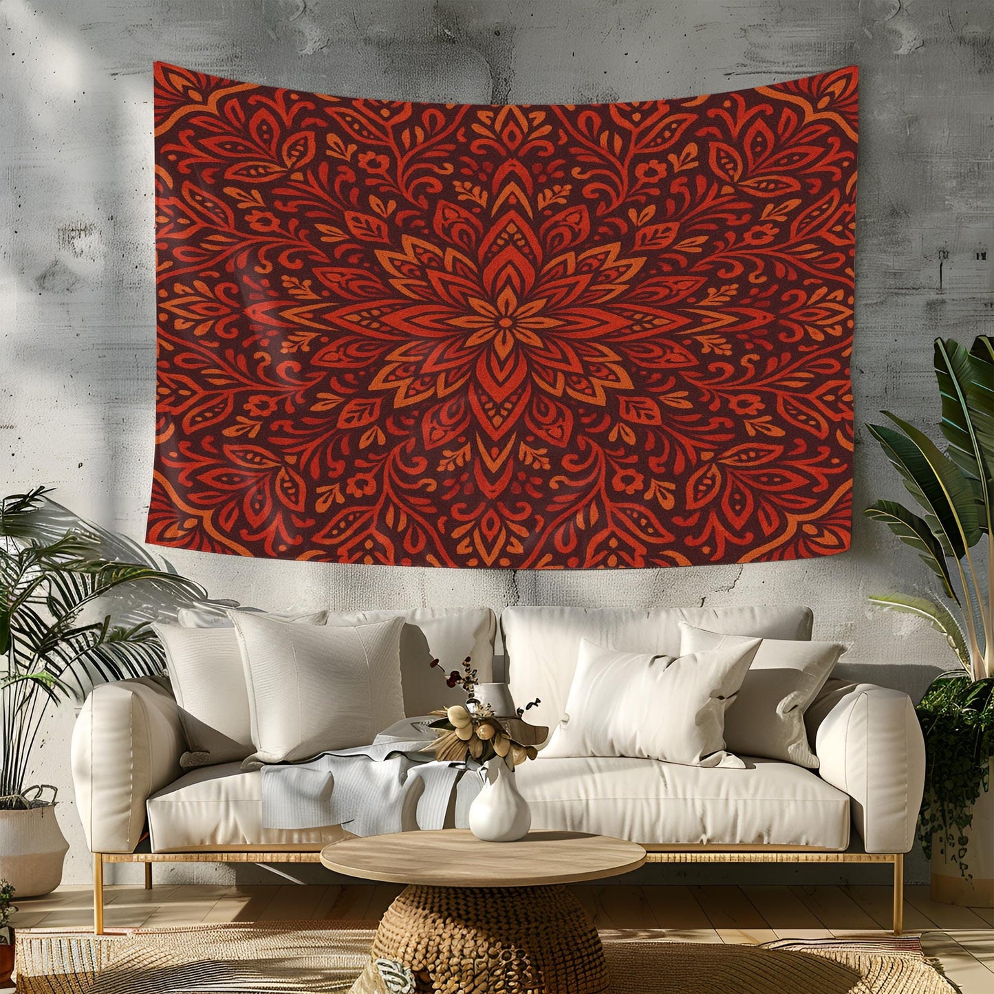 Red and Orange Boho Mandala Tapestry – Vibrant Floral Wall Hanging for Living Room or Dorm, Ethnic Spiritual Room Decor with Warm Tones