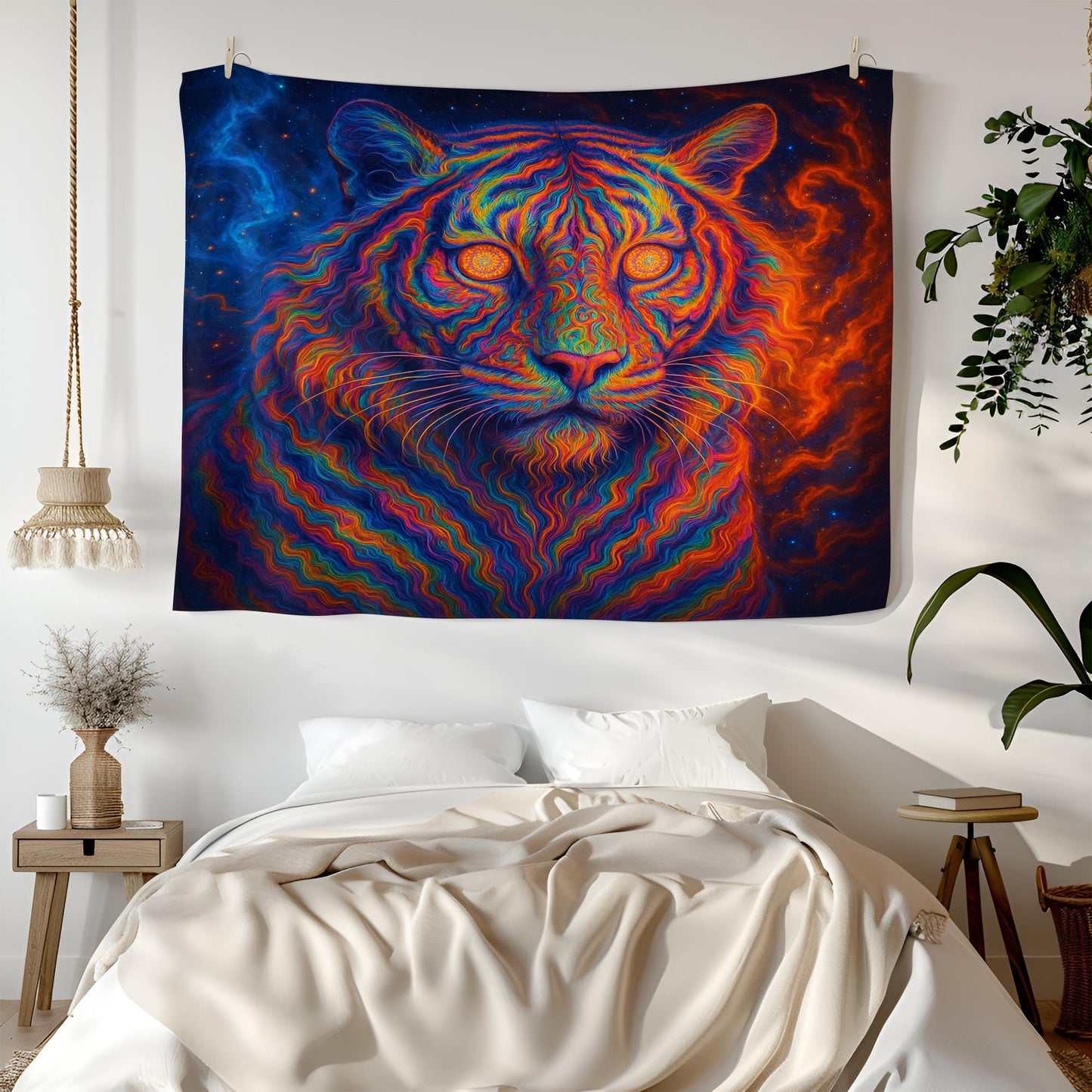 Psychedelic Tiger Tapestry, Trippy Neon Wall Art, Vibrant Jungle Decor, Boho Dorm Room Hanging, Cosmic Big Cat Gift, Festival Vibes