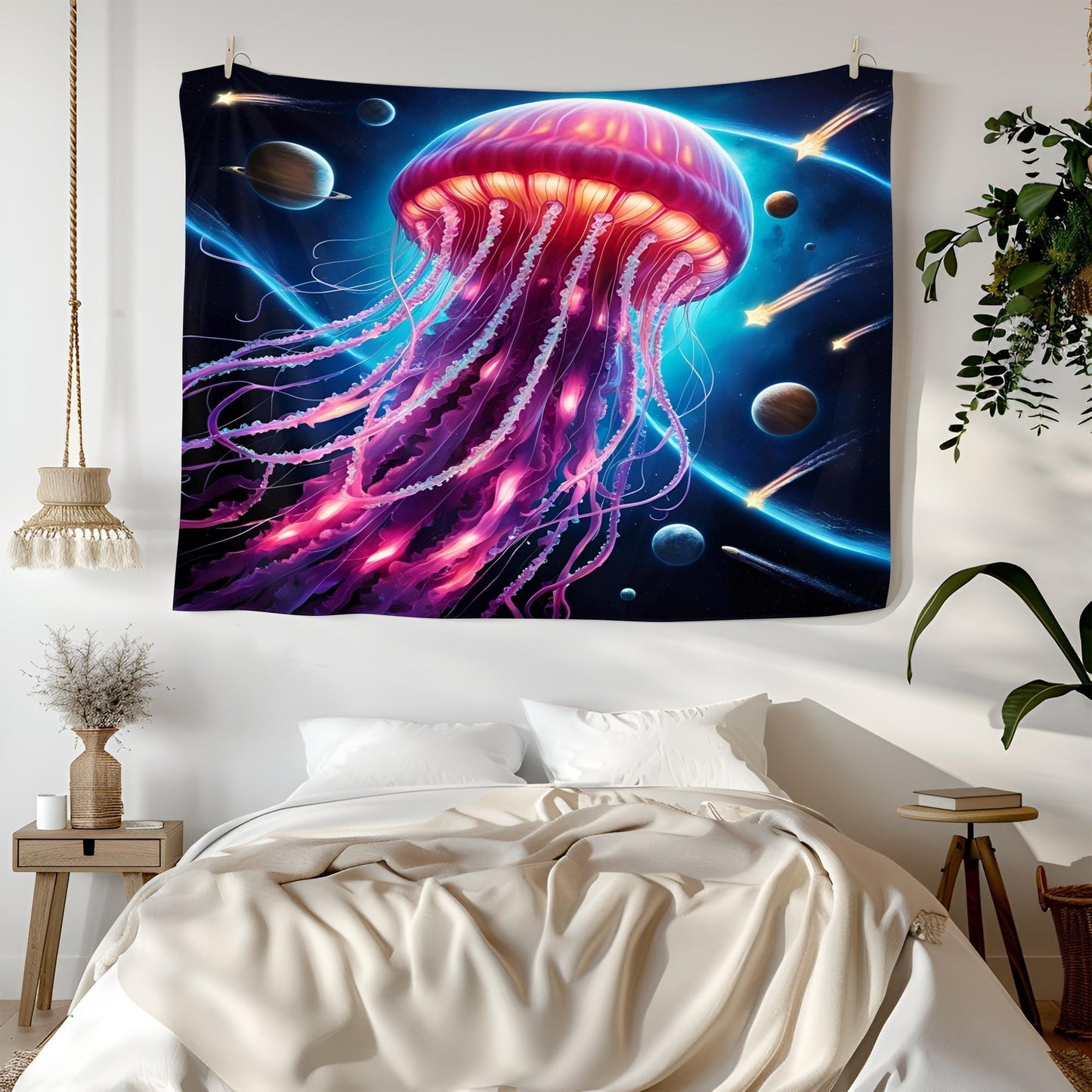 Bioluminescent Space Jellyfish Tapestry, Glowing Tentacles & Cosmic Patterns, Psychedelic Neon Galaxy Wall Art, Trippy Tapestries